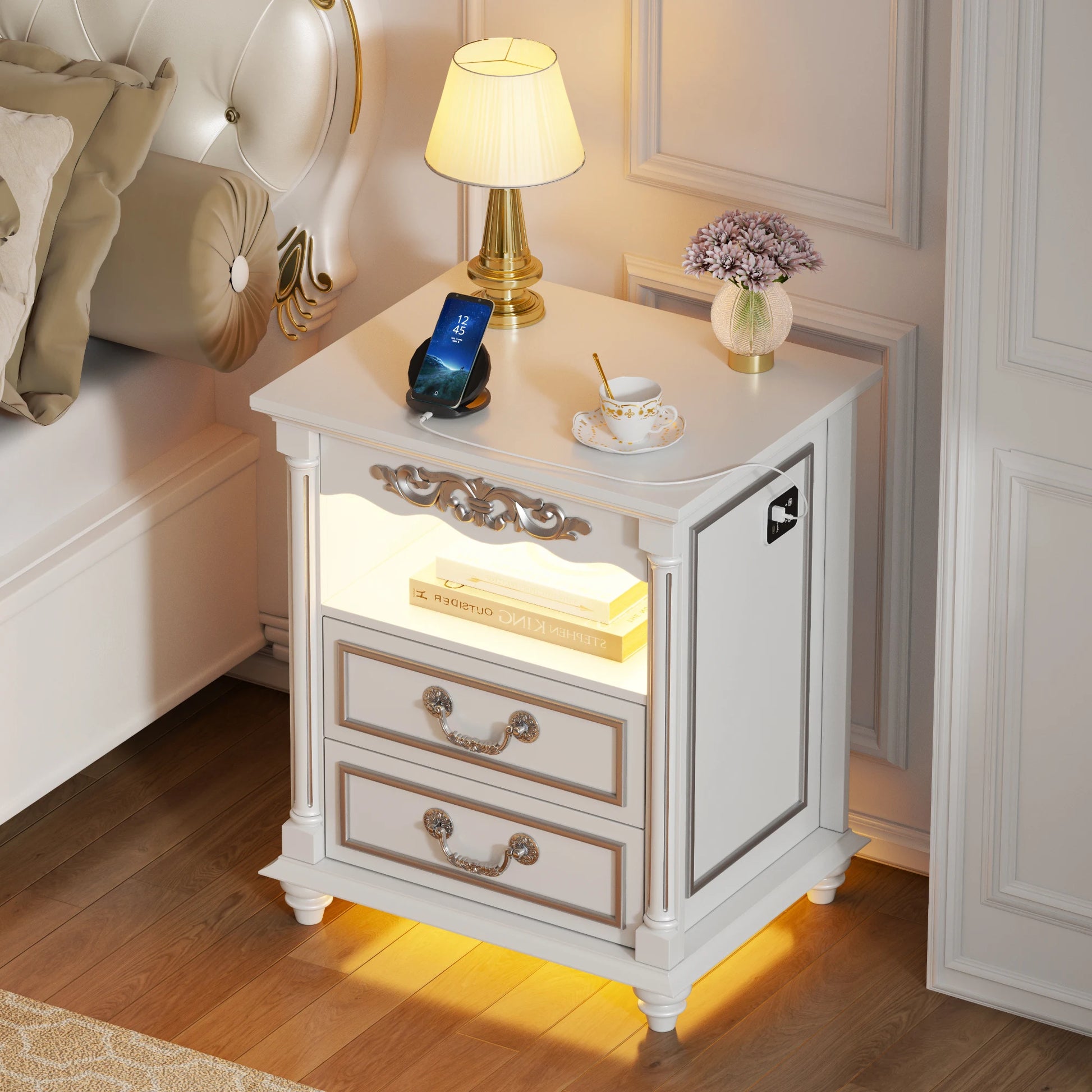 JDPAG Farmhouse Nightstand Gun Drawer 20 Inch Vintage Bedside Table LED Lights - Happy Home Retreat