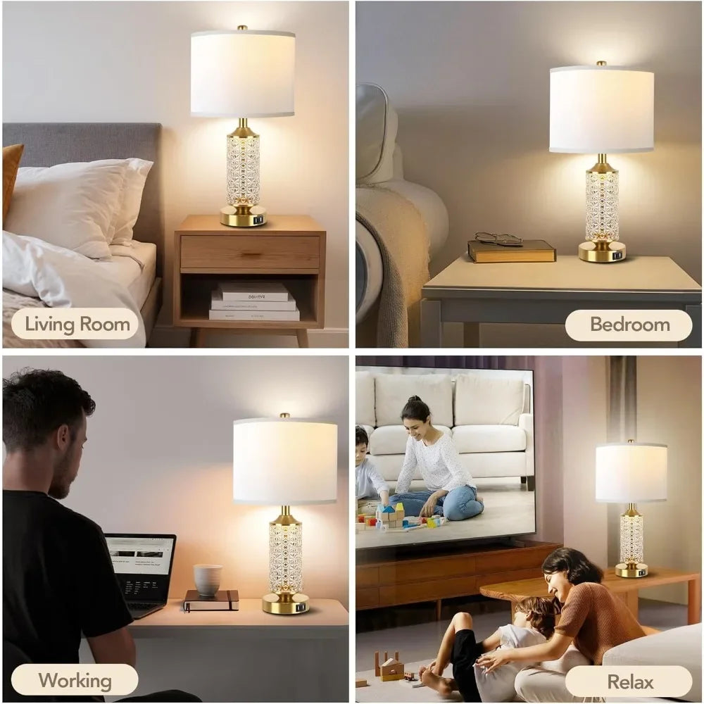 Set Of 2 Modern Table Lamps With USB Ports And Night Light For Bedroom - Happy Home Retreat