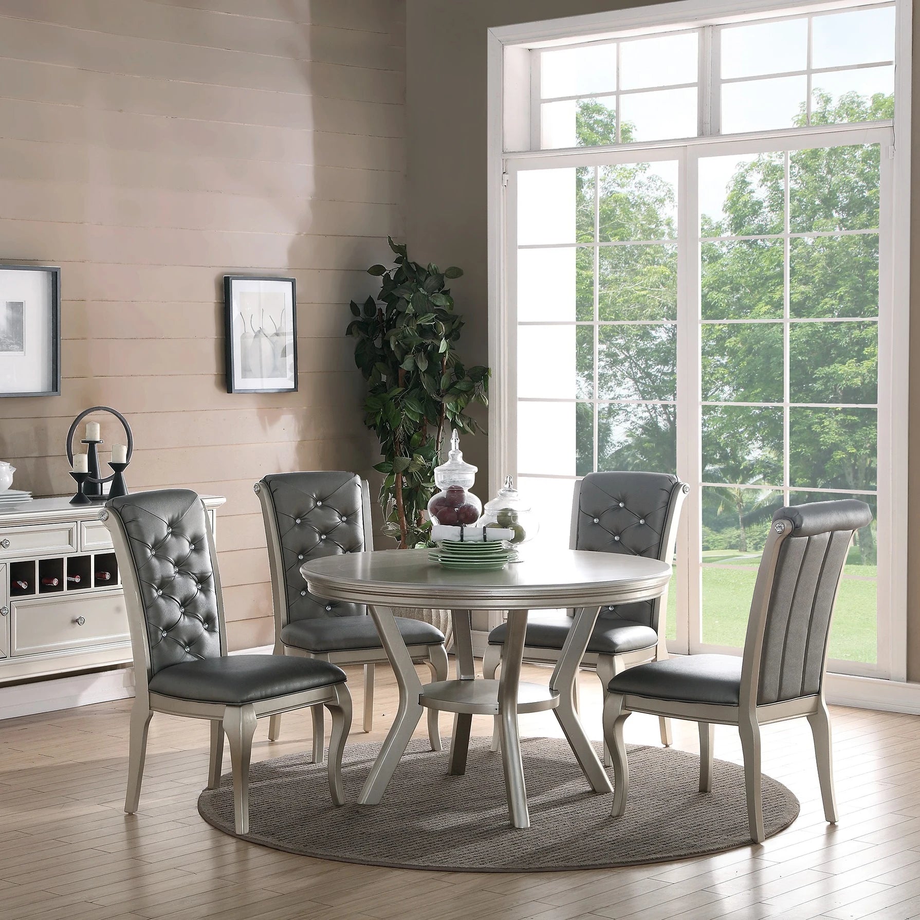 Round Silver Dining Table Set 5 Piece With Shelf And Tufted Back Chairs - Happy Home Retreat