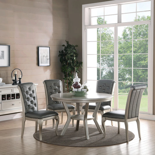 Round Silver Dining Table Set 5 Piece With Shelf And Tufted Back Chairs - Happy Home Retreat