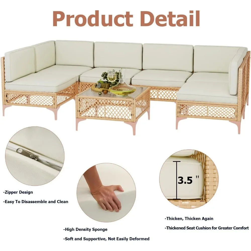 7 Piece Outdoor Patio Furniture Set Wicker Sectional Couch with Glass Table and Cushions - Happy Home Retreat