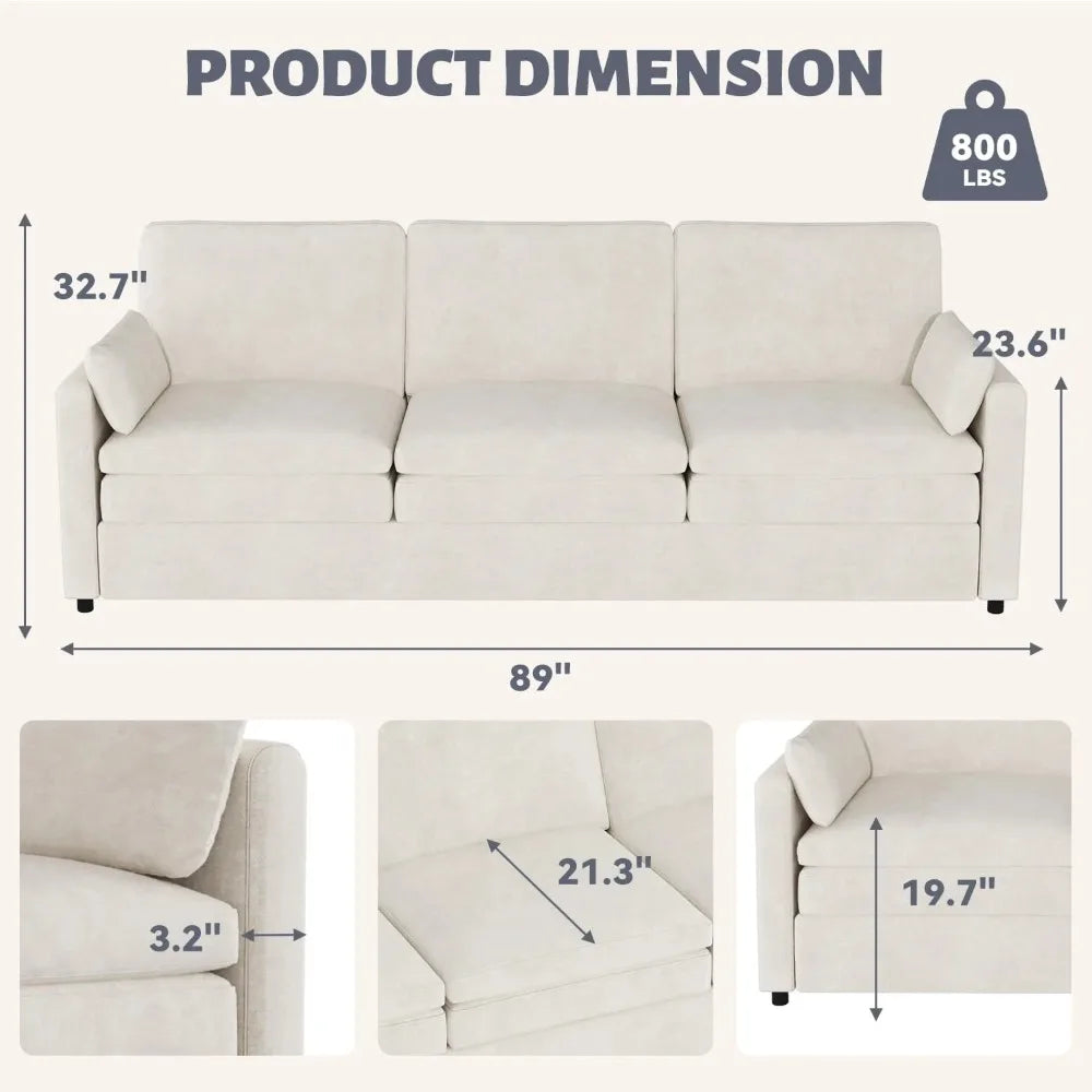 89" Sofa Couch for Living Room 3 Seats Chenille Futon Sofa with 2 Removable Pillows, Cream White - Happy Home Retreat