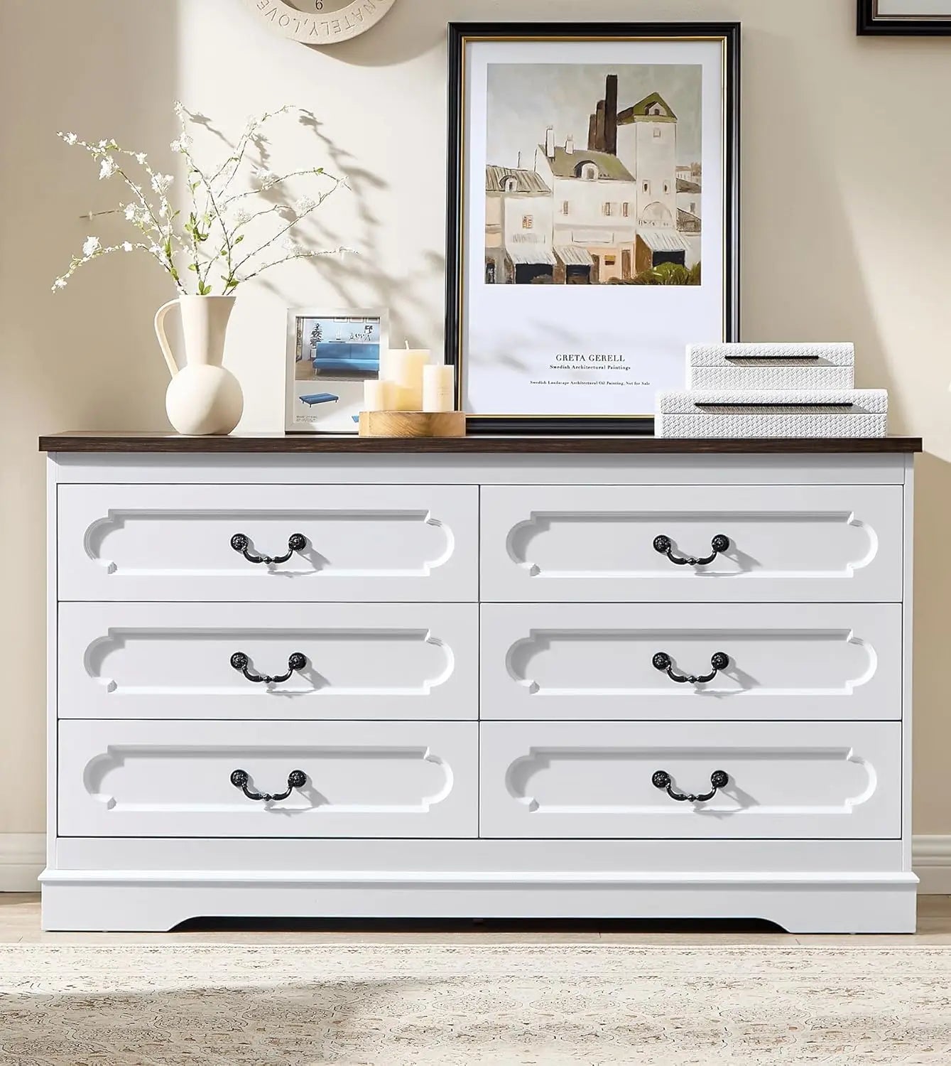 Farmhouse Cherry Wood Dresser Chest Of Drawers For Bedroom Rustic Wide Drawers - Happy Home Retreat