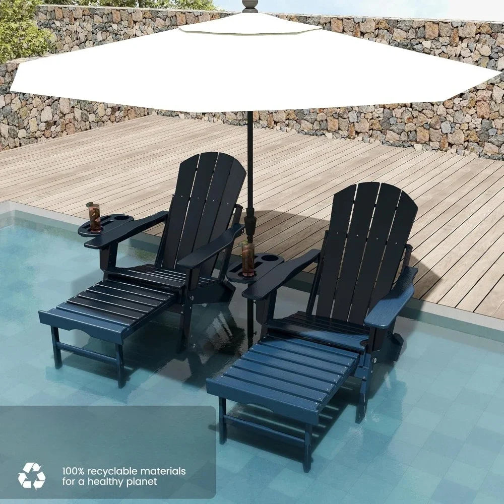 Adjustable Adirondack Chair Set of 2 with Retractable Footrest and Cup Holder Foldable Outdoor Furniture - Happy Home Retreat