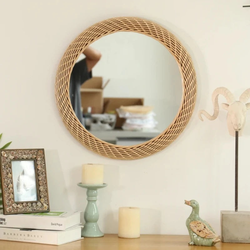 Nordic Rattan Wall Mirror Handwoven Boho Vanity Decor Rustic Living Room - Happy Home Retreat