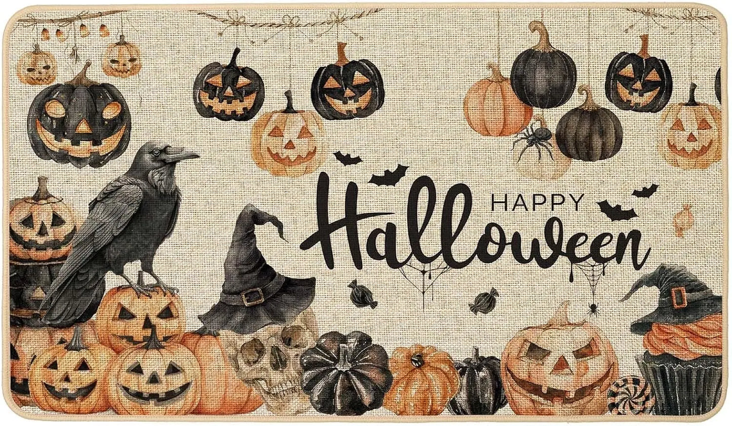 Happy Halloween Doormat Skull Pumpkins Non Slip Backing - Happy Home Retreat