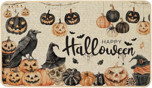 Happy Halloween Doormat Skull Pumpkins Non Slip Backing - Happy Home Retreat