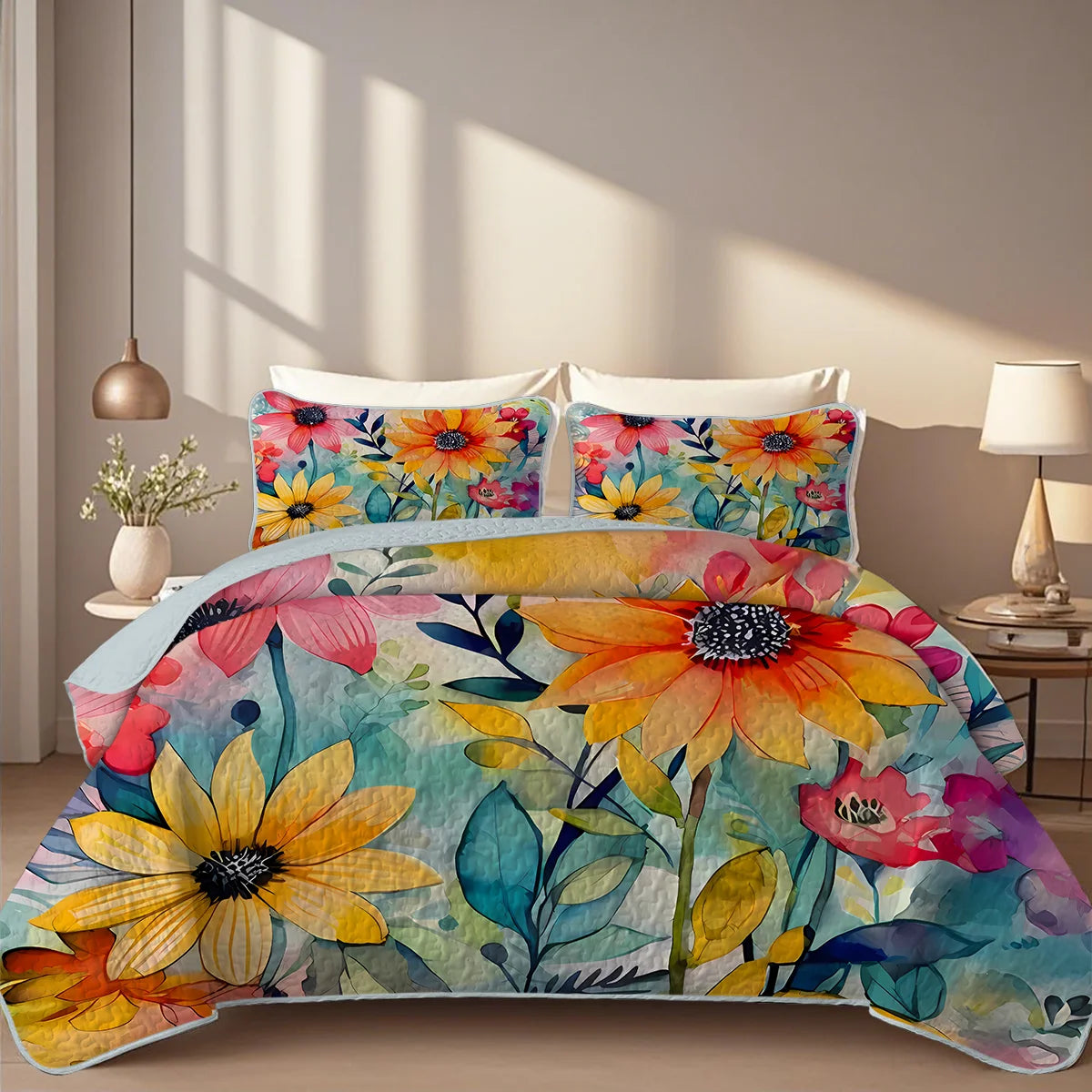 Floral Printed Quilt Set Cal King Two Or Three Piece Bedding - Happy Home Retreat