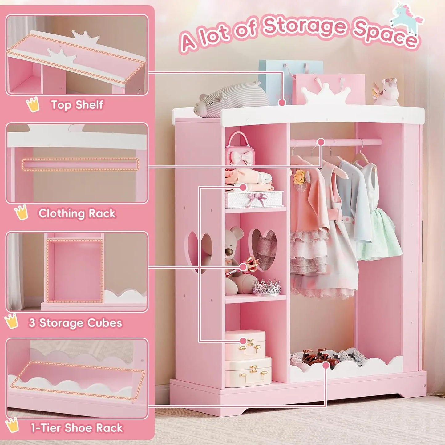 Kids Armoire With Jewelry Cabinet And Mirror Dress Up Wardrobe Pink - Happy Home Retreat
