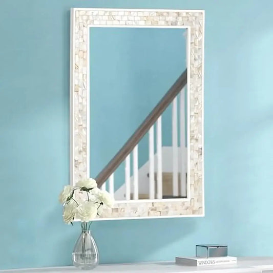 Rectangle Mother of Pearl Framed Wall Mirror 20x28 Inches Tempered Glass Coastal Style for Bathroom Bedroom Living Room Entryway - Happy Home Retreat