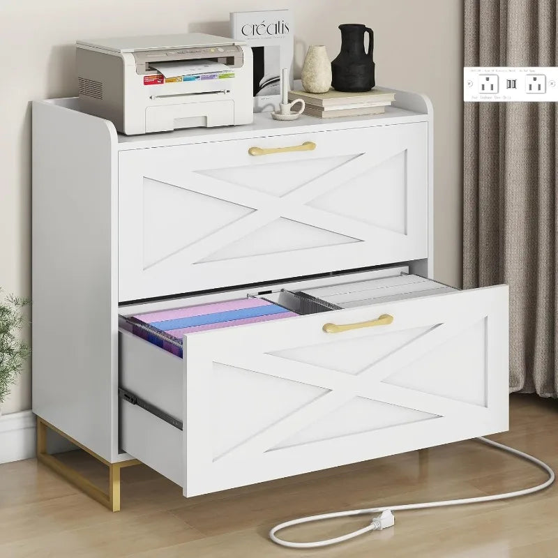 File Cabinet 2 Drawers Lateral File Cabinet with Charging Station for Letter Legal A4 Size Hanging Files White and Gold - Happy Home Retreat