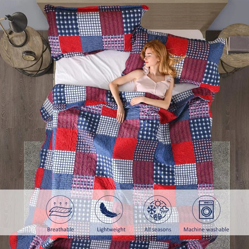Plaid Quilt Set Queen Bedspread Coverlet Red Blue White Patchwork Soft Lightweight Bedding with 2 Pillow Shams - Happy Home Retreat