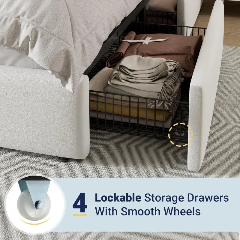 King Size Platform Bed Frame With 4 Storage Drawers And Velvet Headboard - Happy Home Retreat