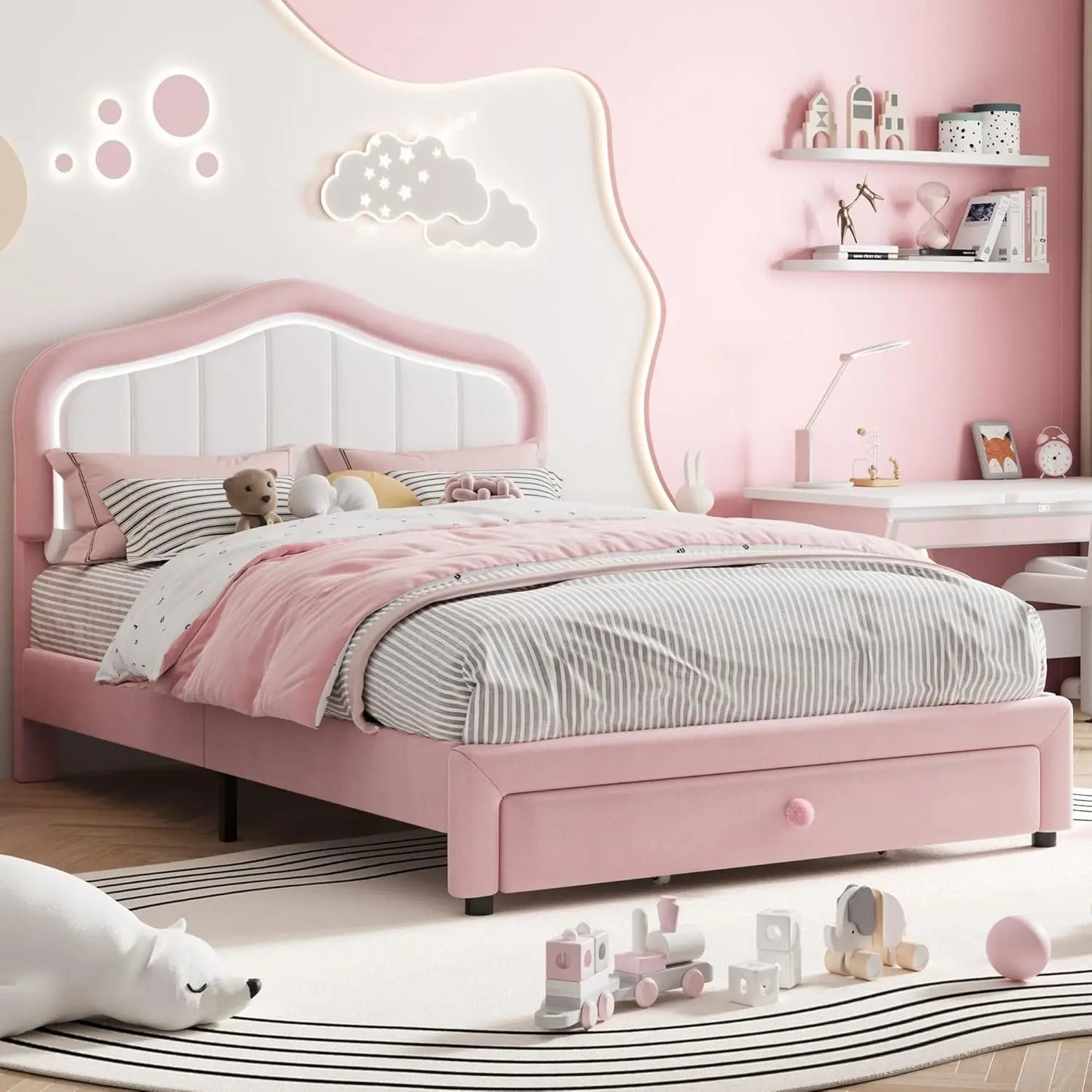 Kids Upholstered Platform Bed Frame With LED Crown Headboard Velvet Fabric - Happy Home Retreat