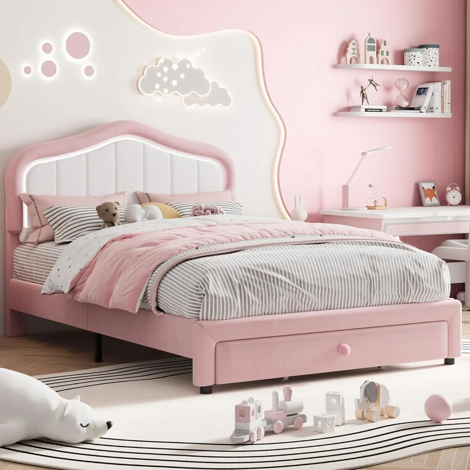 Kids Upholstered Platform Bed Frame With LED Crown Headboard Velvet Fabric - Happy Home Retreat