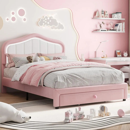 Kids Upholstered Platform Bed Frame With LED Crown Headboard Velvet Fabric - Happy Home Retreat