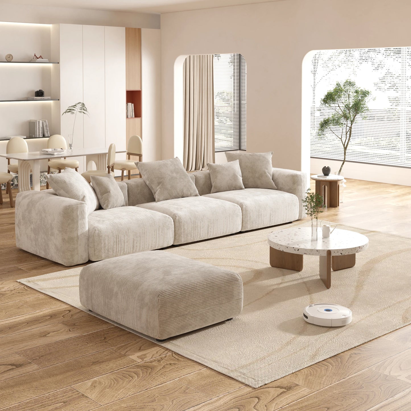 Sdorens 141.73 Inches L Shape Sectional Sofa Corduroy Fabric Couch With Ottoman