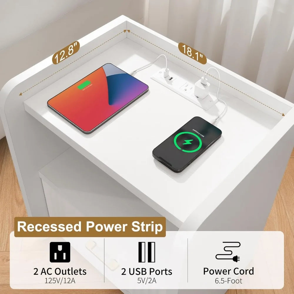 Night Stand With Charger Station Fluted Wood Drawer Storage Modern Bedside Table - Happy Home Retreat