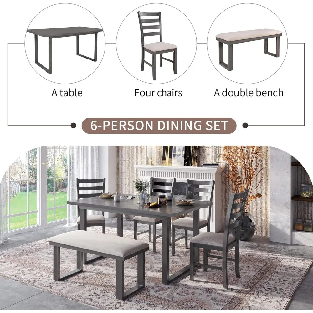 MKDK 6 Piece Dining Table Set Gray Upholstered Table With 4 Chairs And Bench - Happy Home Retreat