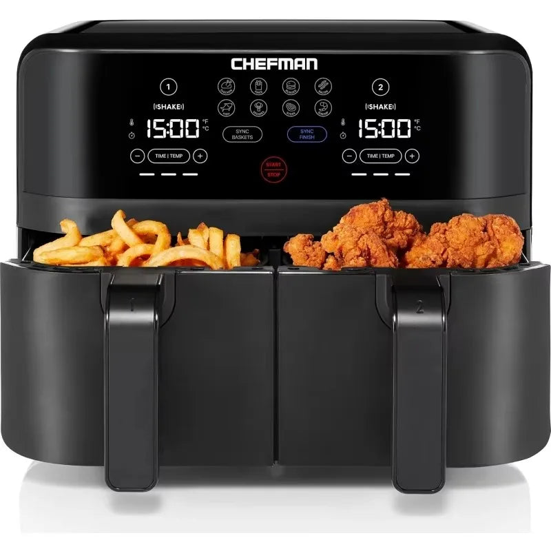Chefman 6 Quart Dual Basket Air Fryer Digital Touchscreen Smart Sync Finish Hi Fry Auto Shutoff 2 Independent 3QT Nonstick - Happy Home Retreat
