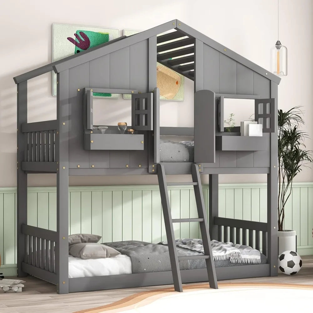 House Bunk Bed Twin Over Twin Wood Bunk Beds with Windows Window Box and Small Door Floor Bunk Beds with Ladder and Guard Rails - Happy Home Retreat