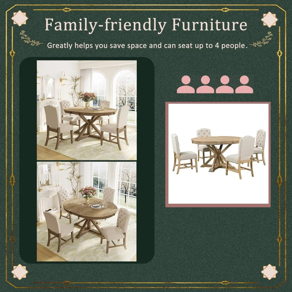Extendable Dining Table Set for 4 with Upholstered Chairs Solid Wood Farmhouse Kitchen Furniture - Happy Home Retreat
