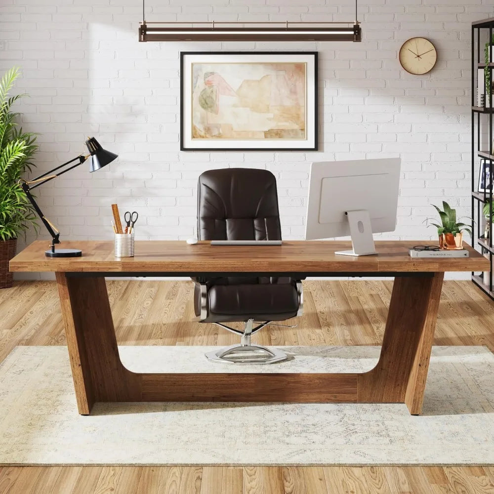 Walnut Wood Engineered Desk Executive Home Office With Industrial Style Pedestal - Happy Home Retreat