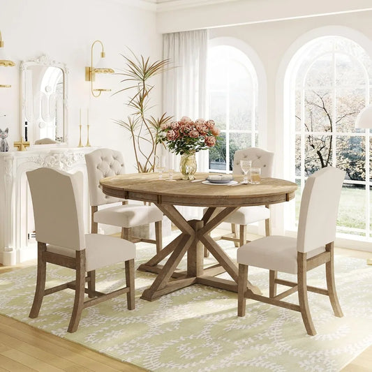 Extendable Dining Table Set for 4 with Upholstered Chairs Solid Wood Farmhouse Kitchen Furniture - Happy Home Retreat