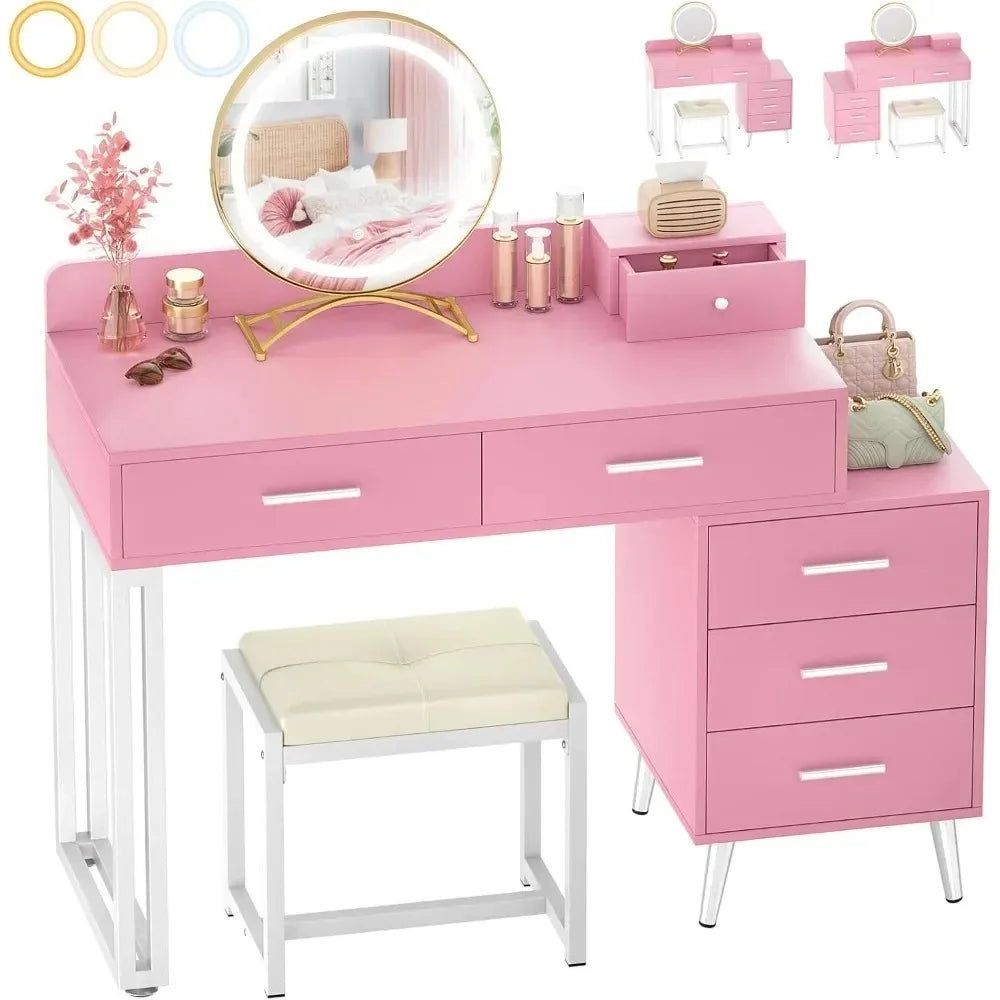 Pink Vanity Desk Set With Mirror And Lights 6 Drawers Cushioned Stool - Happy Home Retreat