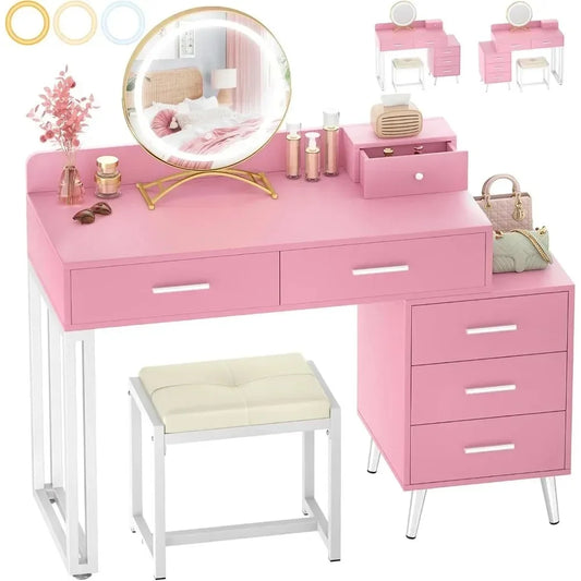 Pink Vanity Desk Set With Mirror And Lights 6 Drawers Cushioned Stool