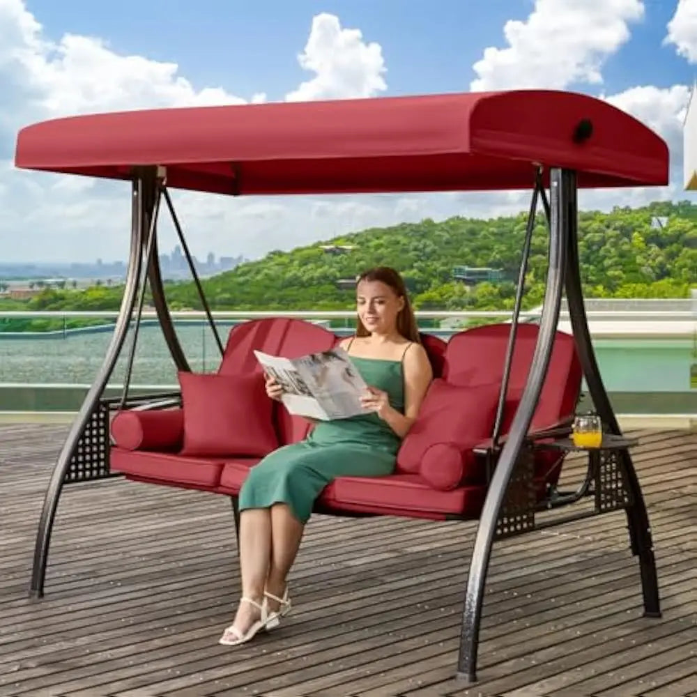 3 in 1 Outdoor Porch Swing with Adjustable Canopy and Thick Cushions for 3 Seats with Pillows and Cup Holders for Backyard and Garden - Happy Home Retreat