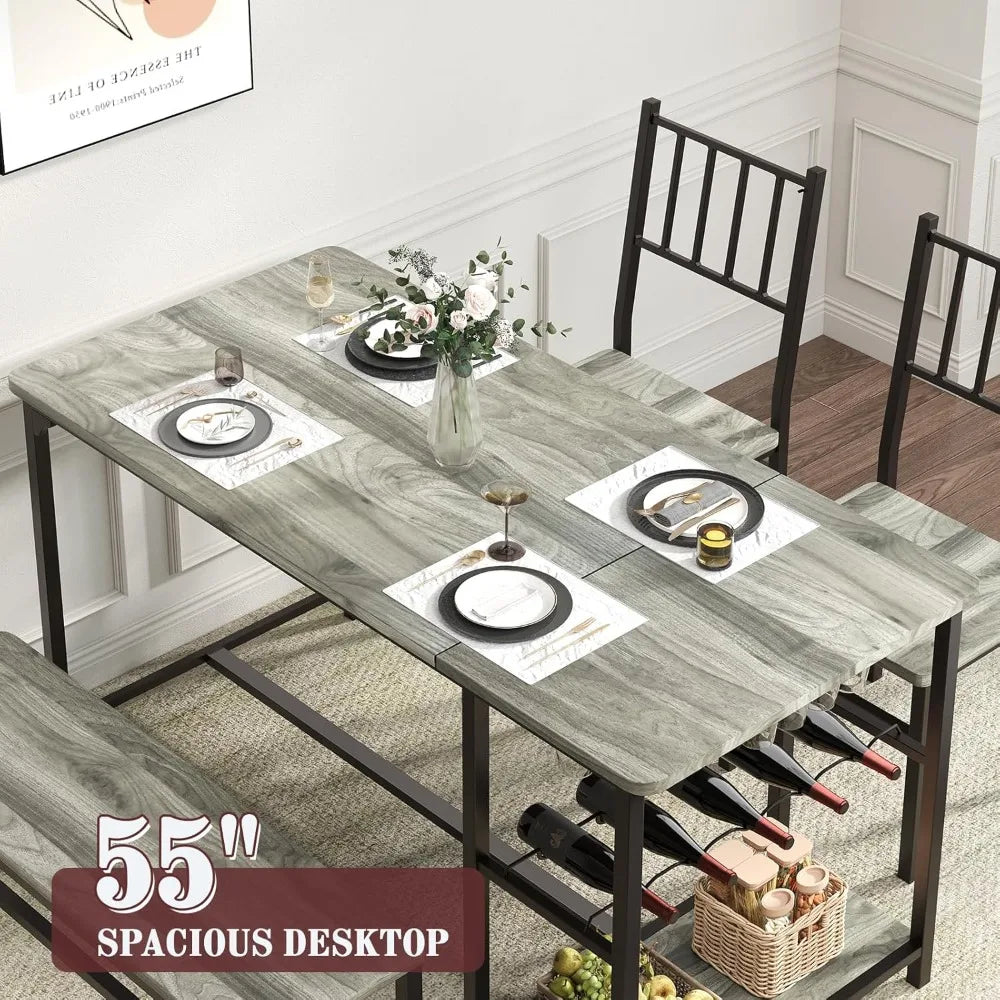 Rustic Grey 55 Inch Dining Table Set For 4 With Wine Rack - Happy Home Retreat