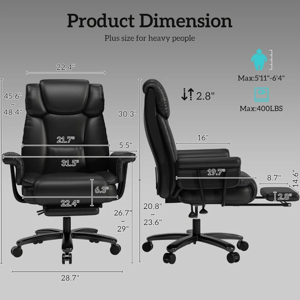 Big And Tall Office Chair 400LBS 160 Degree High Back Reclining Desk Chair With Wide Seat Arms And Footrest Black - Happy Home Retreat