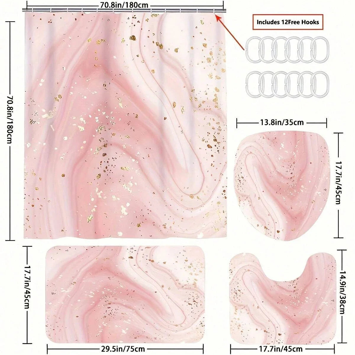 Pink Marble Gilding Shower Curtain Water Resistant Polyester With Plastic Hooks - Happy Home Retreat