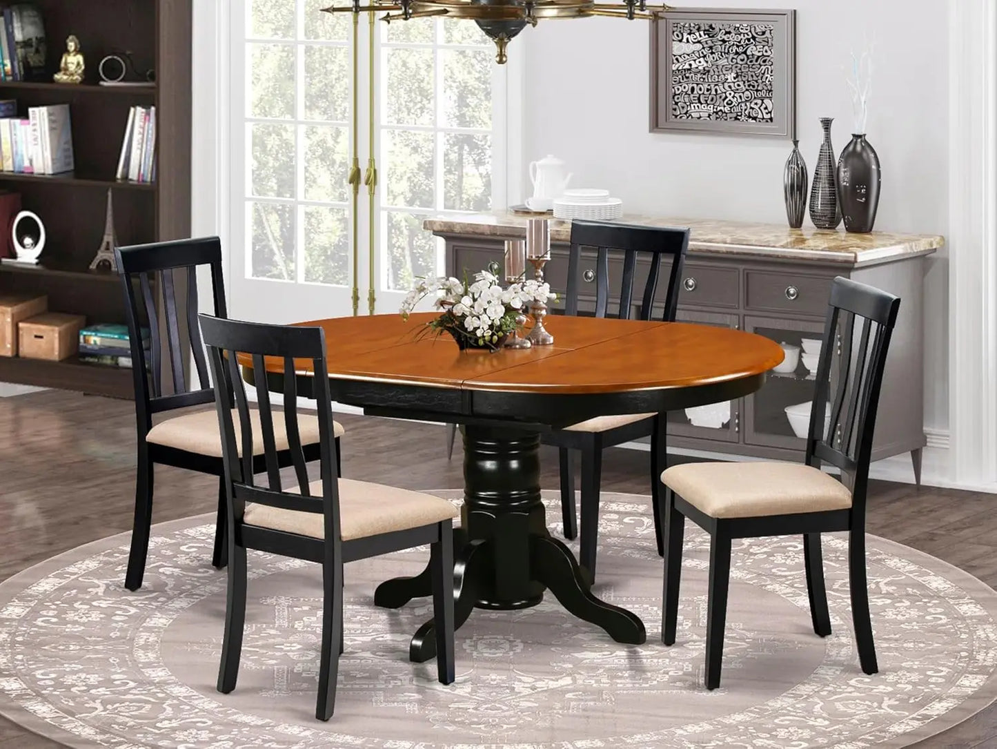 5 Piece Oval Dining Table Set 42x60 Butterfly Leaves Linen Upholstered Chairs - Happy Home Retreat