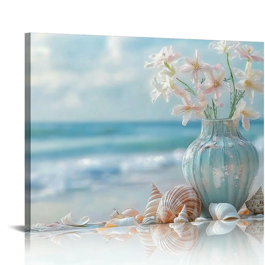 1PC Coastal Happiness Canvas Beach Scene with Flowers Starfish and Seashells for Living Room and Bedroom Wall Decoration - Happy Home Retreat