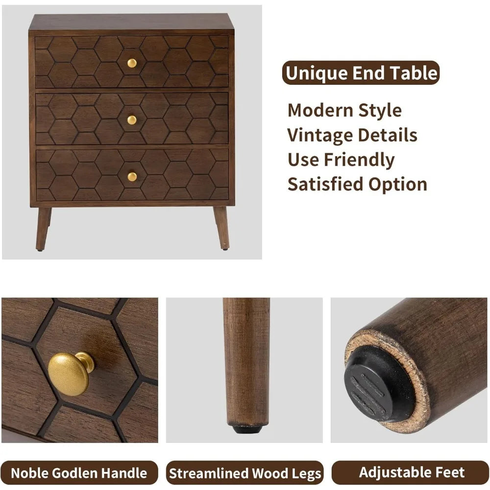 3 Drawer End Table Mid Century Chest of Drawers with Honeycomb Pattern Nightstand with Storage Drawers Wooden Dresser Nightstand - Happy Home Retreat