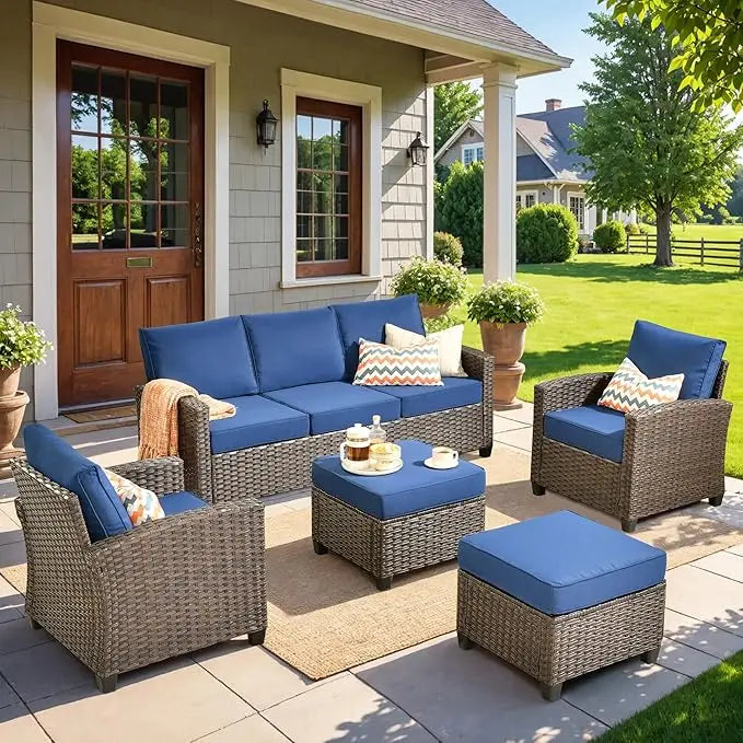 Patio Furniture Set 5 Pieces Outdoor Wicker Rattan Sofa with Chairs All Weather High Back Conversation Set - Happy Home Retreat