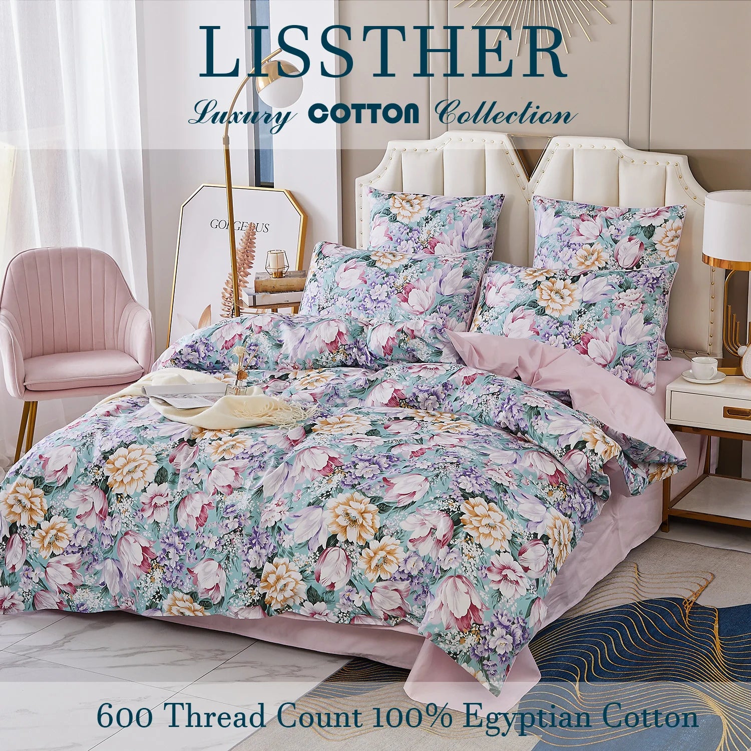 3pcs 600TC 100% Egyptian Cotton Duvet Cover Set, Pastel Pink Blue Garden Floral, Soft Skin-Friendly (No Inserts) - Happy Home Retreat