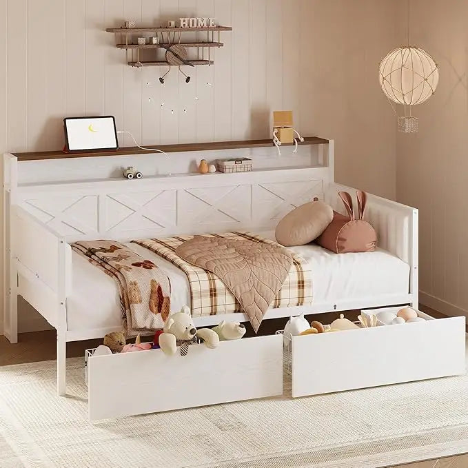 Twin Size Daybed with Storage Drawers Sturdy Metal Bed Frame with Charging Station Upholstered Farmhouse Daybed - Happy Home Retreat