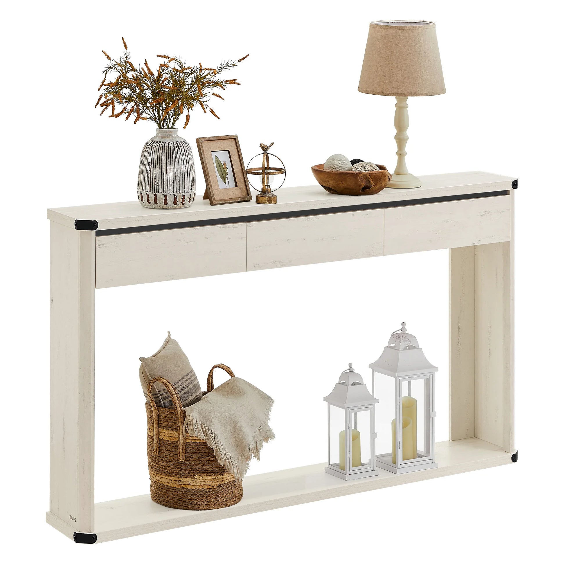 VASAGLE Console Table 47.2 Inches Sofa Table Narrow Entryway Table with 3 Drawers and Bottom Shelf Metal Corners - Happy Home Retreat