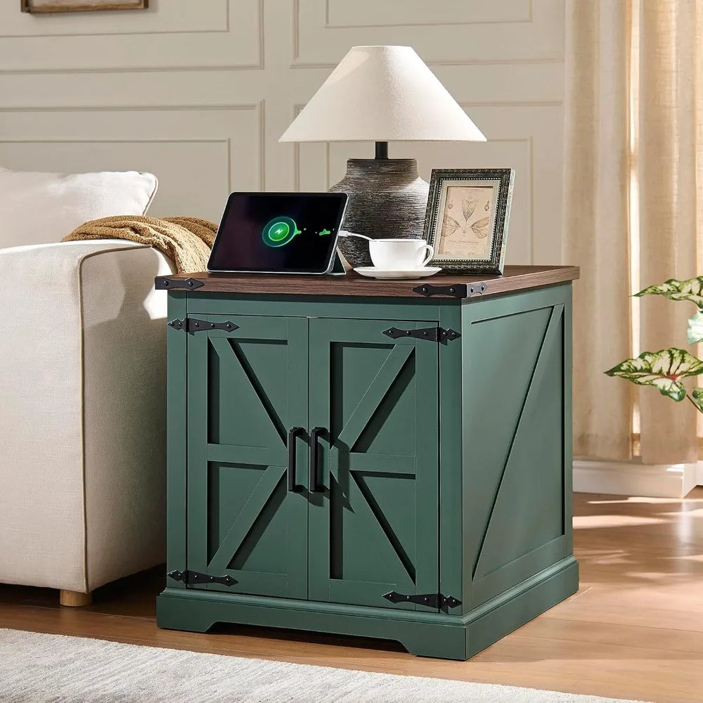 Farmhouse End Table With Charging Station Barn Door 24in - Happy Home Retreat