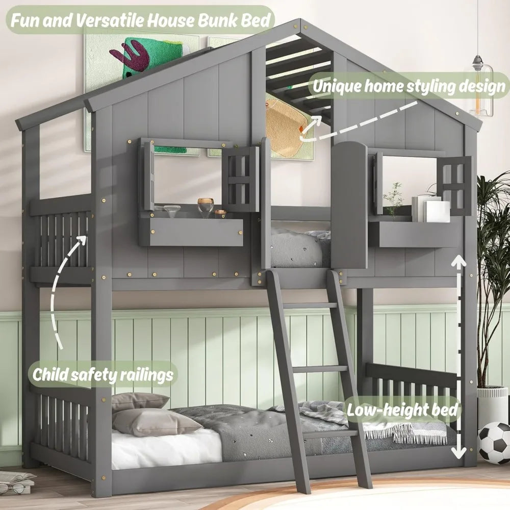 House Bunk Bed Twin Over Twin Wood Bunk Beds with Windows Window Box and Small Door Floor Bunk Beds with Ladder and Guard Rails - Happy Home Retreat