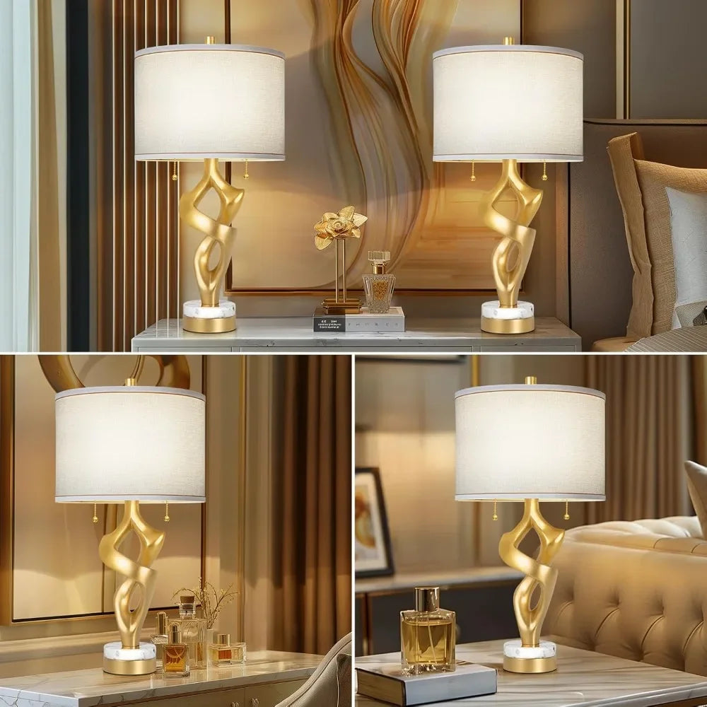 Sculptural Table Lamp Set Of 2 For Living Room Marble Bases USB Ports Rustic - Happy Home Retreat
