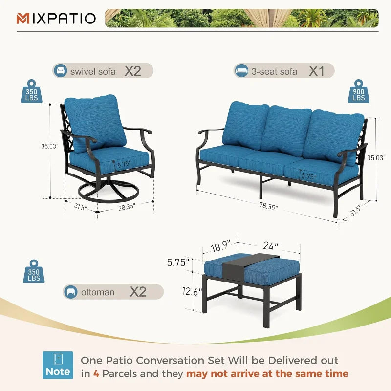 Patio Furniture Set 5 Pieces Outdoor 3 Seat Sofa 2 Swivel Chairs 2 Ottomans with Extra Thick Cushions - Happy Home Retreat