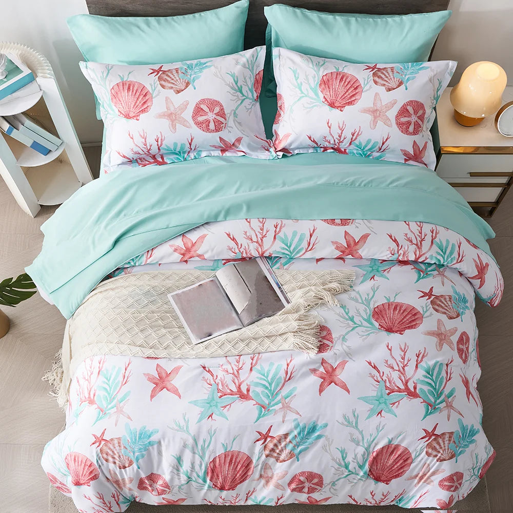 7 Piece Bed In A Bag Bed Comforter Set Queen, Fashion Starfish Coral Print, Boho Print Comforter And Sheet, Pillowcase Set, - Happy Home Retreat