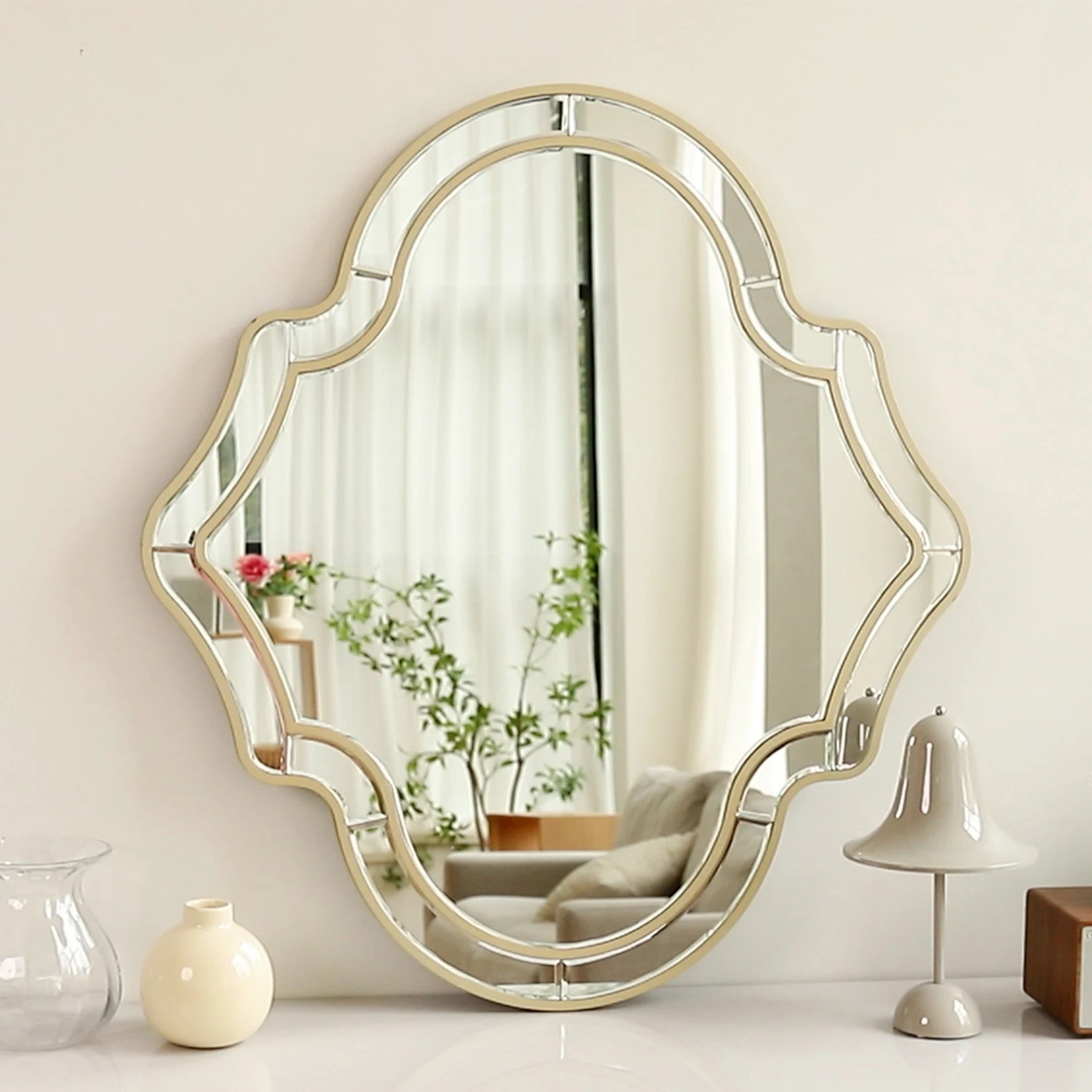 Large Gold Wall Mirror with Glass Frame Golden Rim Modern Art Accent for Living Room and Hallway Home Decor - Happy Home Retreat