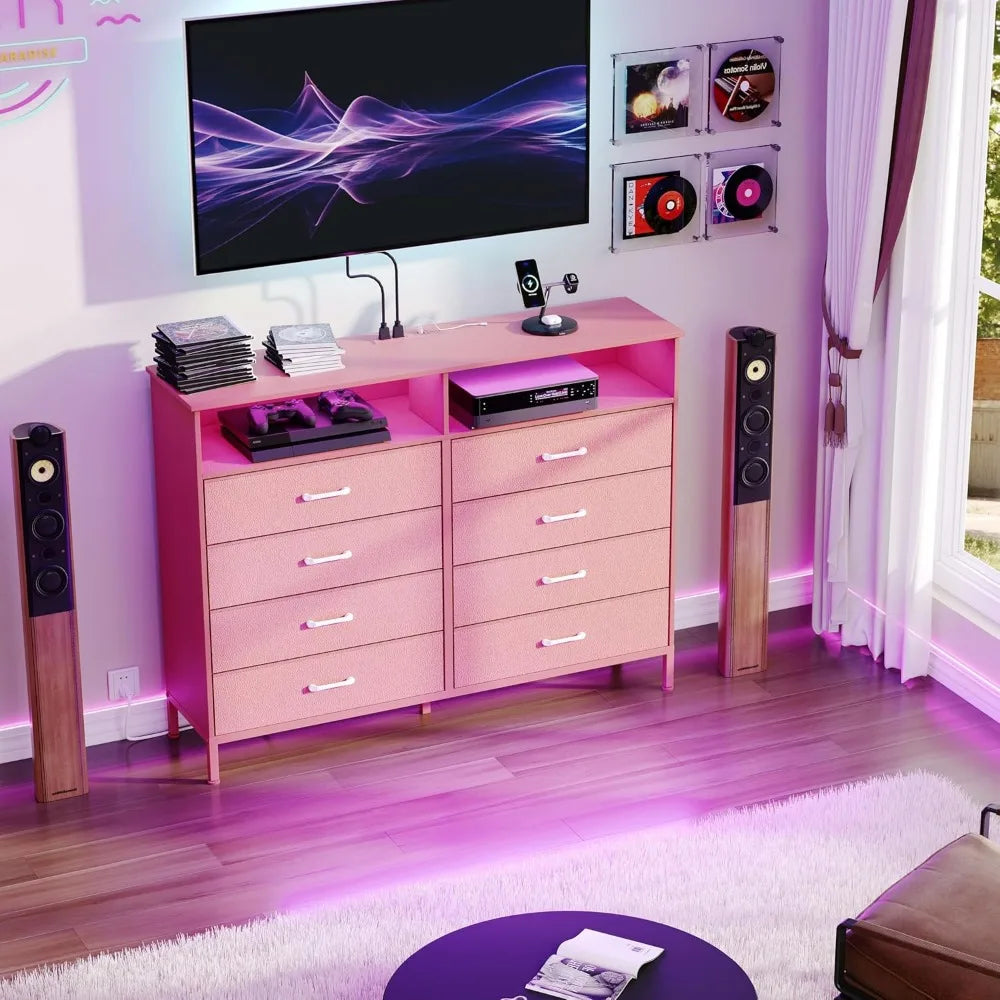 Pink Bedroom Dresser with LED Lights and Charging Station, 8 Fabric Drawers - Happy Home Retreat