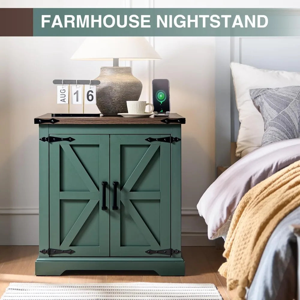 Farmhouse End Table With Charging Station Barn Door 24in - Happy Home Retreat
