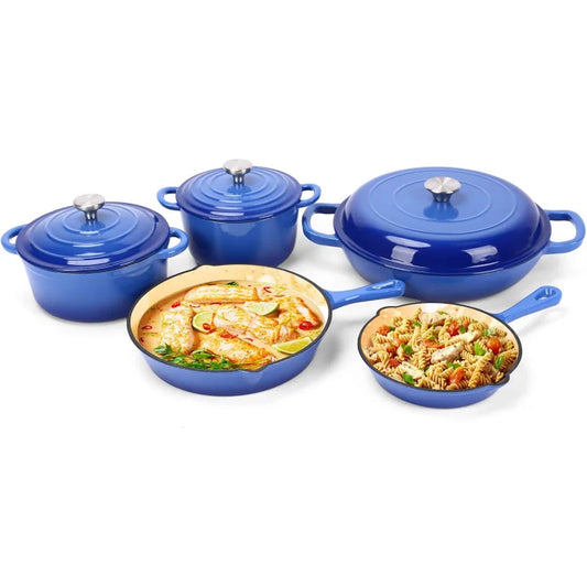 Enameled Cast Iron Cookware Set, 8 Piece of Casserole, Dutch Ovens, Skillet and 3 Lids, Ceramic Coated Cast Iron Dutch O - Happy Home Retreat